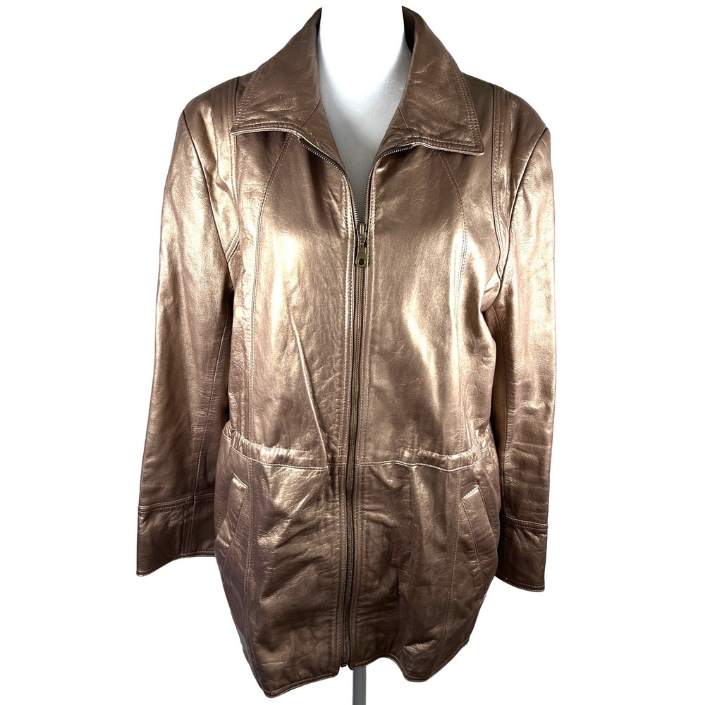 Vintage Leather Jacket Women's Metallic Gold Full Zip Medium USA Made‎